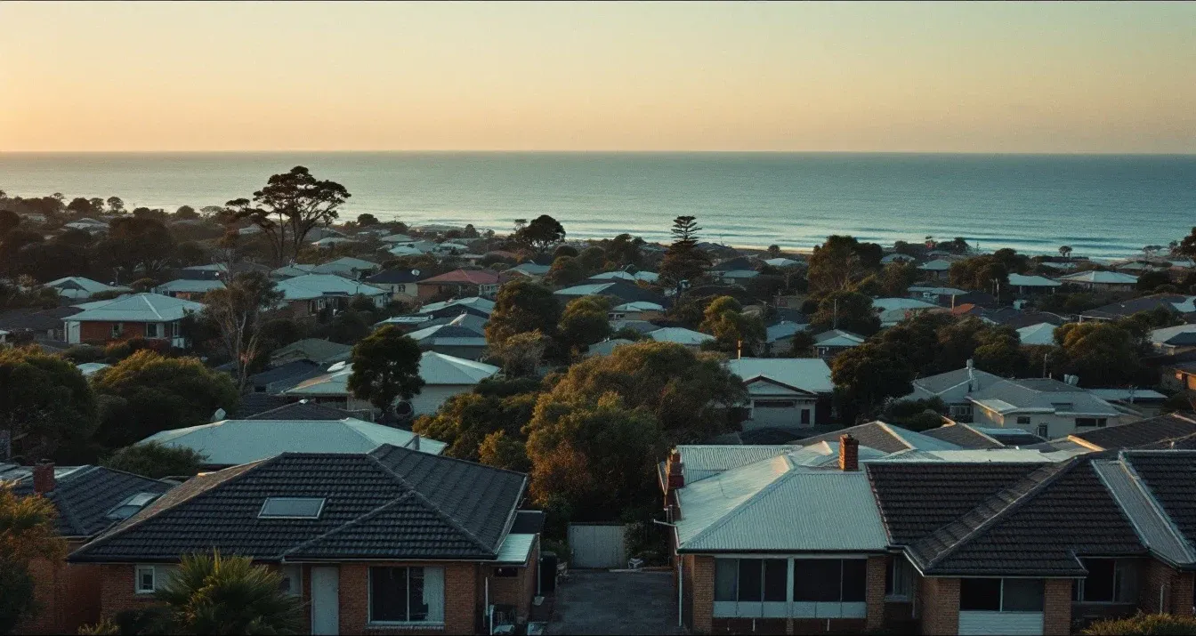 An elevated view over an Australian coastal suburb at golden hour, tile and Colorbond roofs among gum trees.