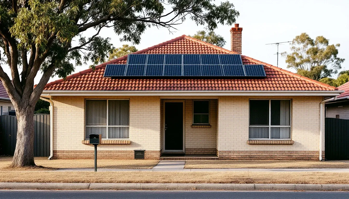 A cream brick suburban house with a terracotta tile roof and a rooftop solar array, seen from the street.