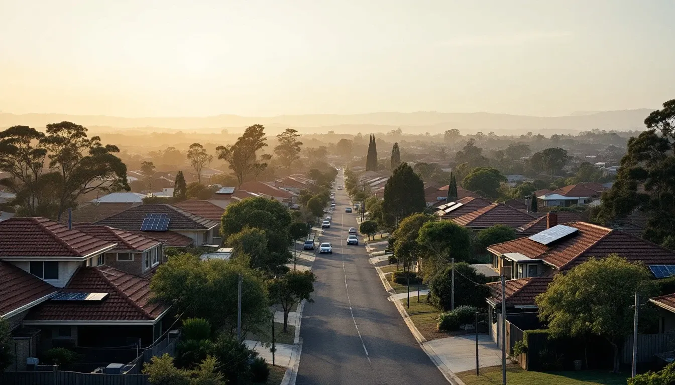 An outer-suburban Australian street at golden hour, terracotta and steel roofs carrying small solar arrays, hazy hills beyond.