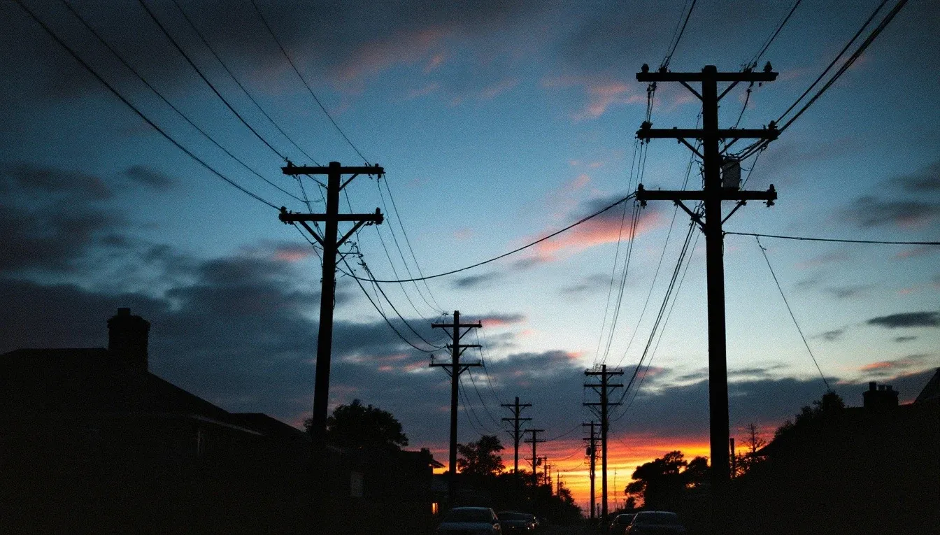 Timber power poles and overhead distribution lines along a suburban street, silhouetted at dusk.