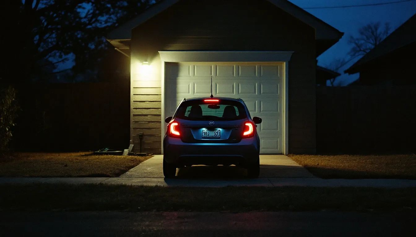 A suburban driveway after dark, a hatchback parked in front of a closed garage door under a porch light.