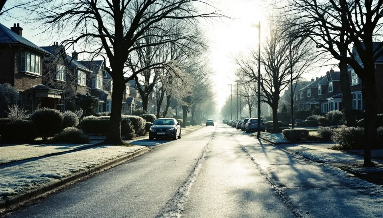 A suburban street on a frosty winter morning, frost on the lawns and windscreens under a low pale sun.