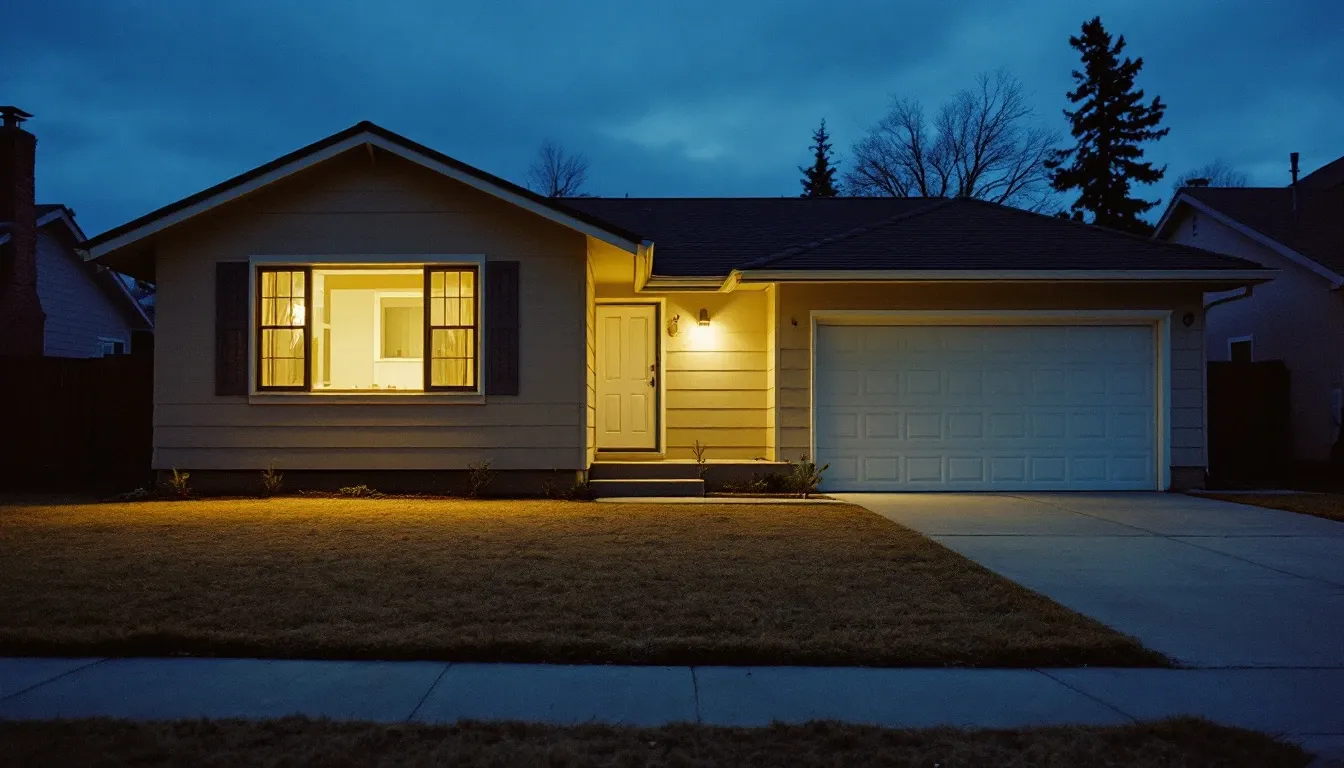 An ordinary single-storey suburban house at dusk with warm light showing in the windows.