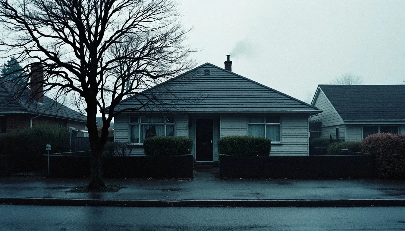 A weatherboard suburban house on an overcast winter afternoon, bare street tree, damp road.