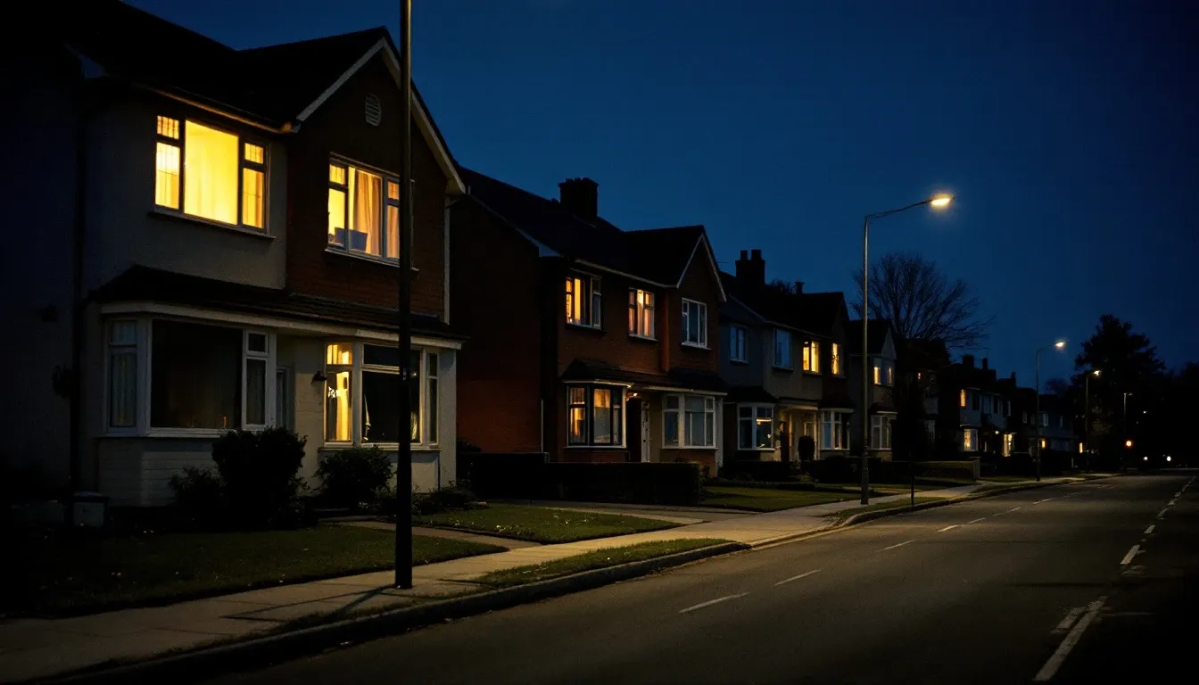 A row of ordinary suburban houses after dark with warm light showing in several windows.
