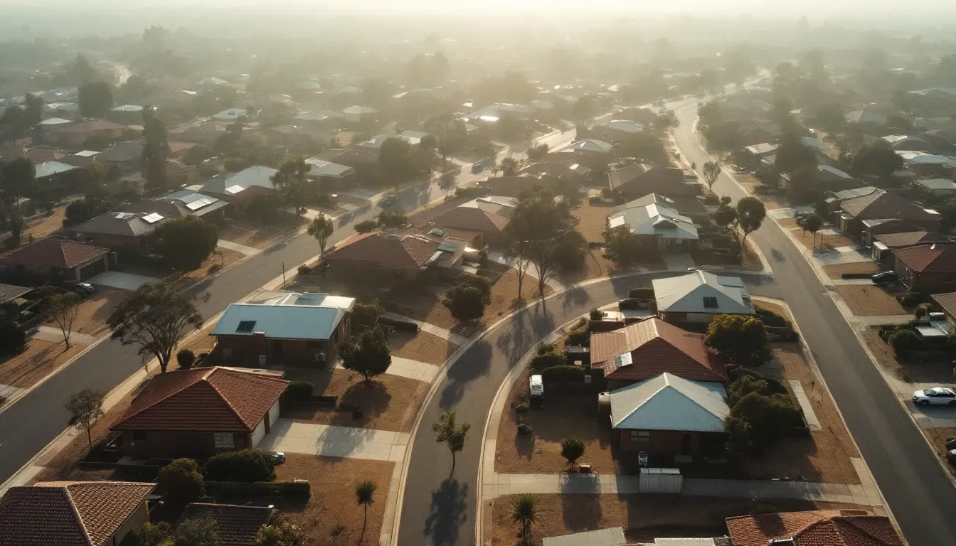An aerial view over an Australian outer-suburban estate, many roofs carrying small solar arrays.