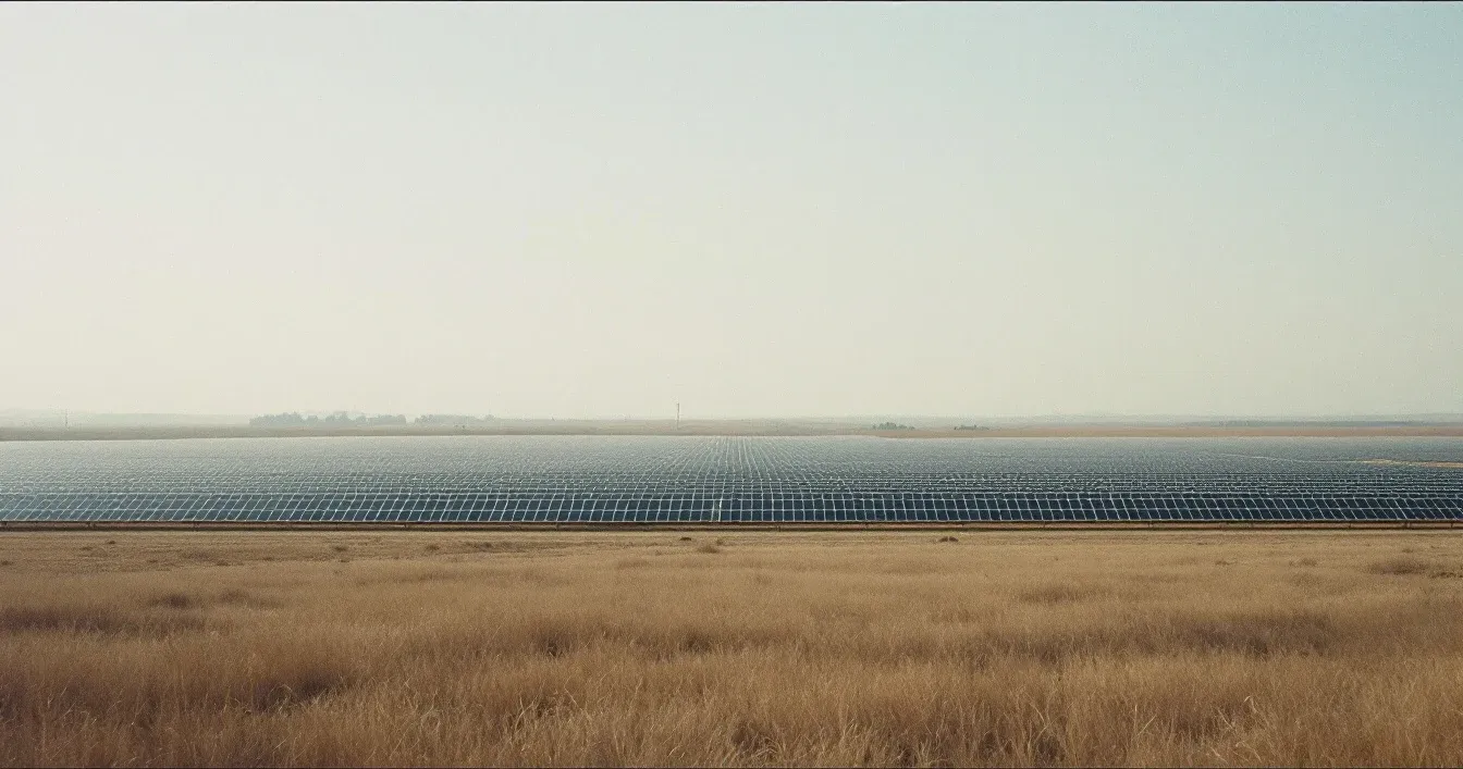 A utility-scale solar farm seen from a distance across flat farmland, long rows receding to a hazy horizon.