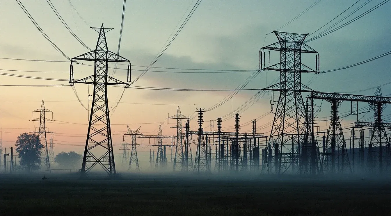 An electrical substation switchyard seen across open grass at dawn, steel gantries in silhouette.