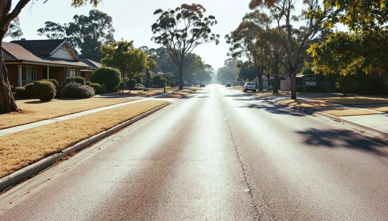 An Australian suburban street on a hot hazy summer afternoon, bleached lawns and hard shadows.
