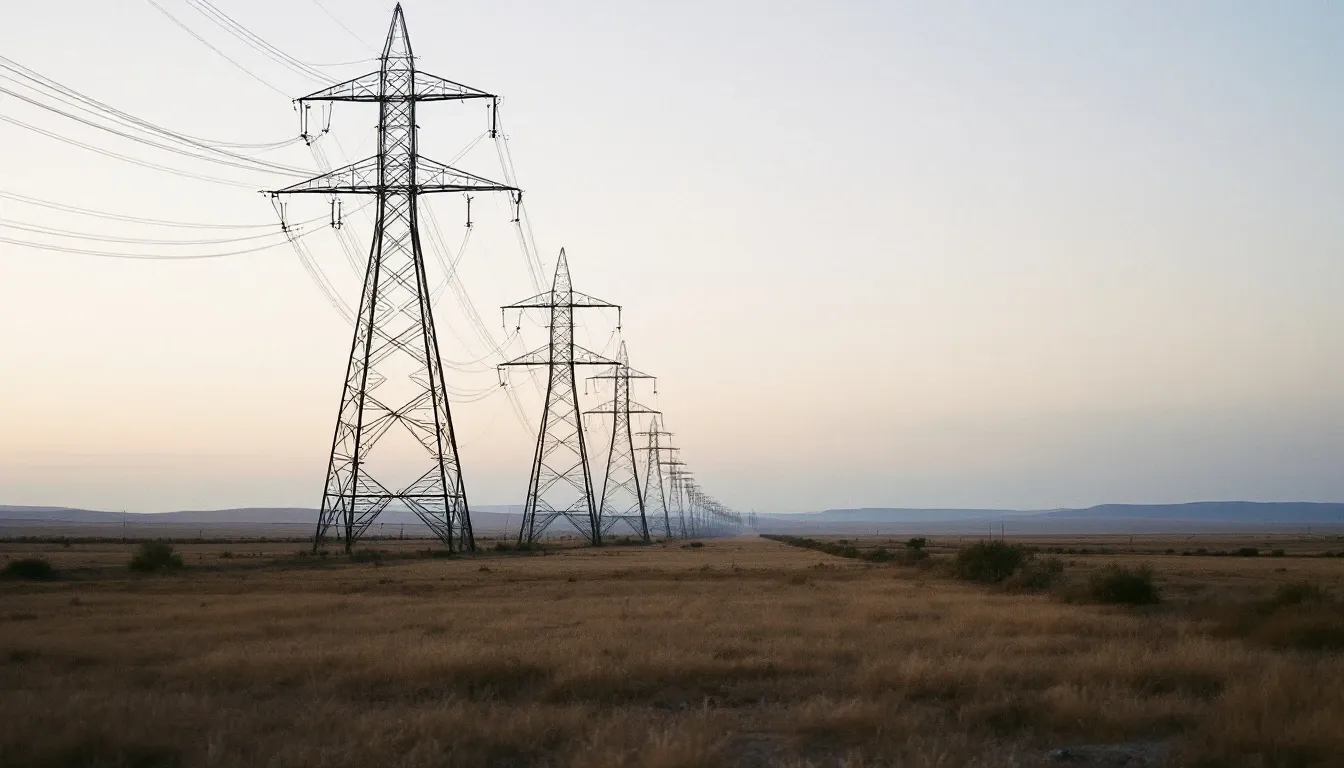 High-voltage steel transmission towers receding across dry open country at dusk.