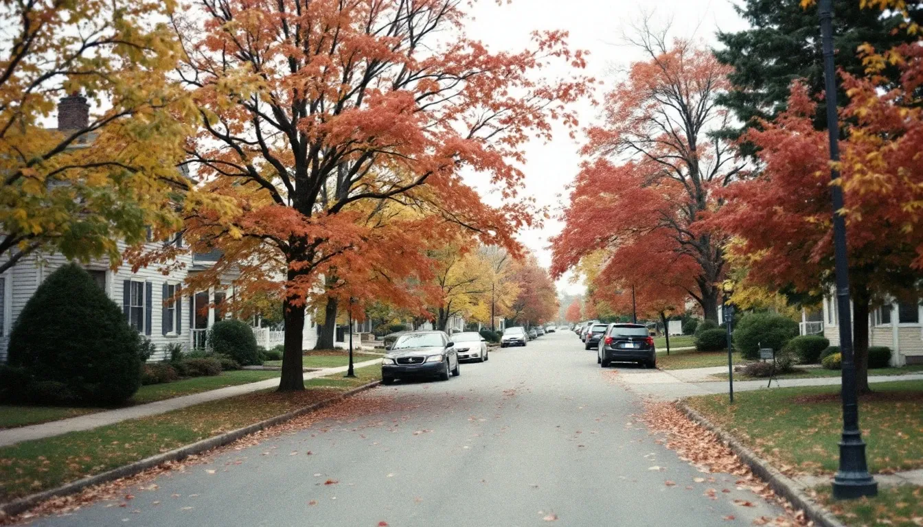 An American residential street in autumn, mature maples turning, clapboard houses set back behind lawns.