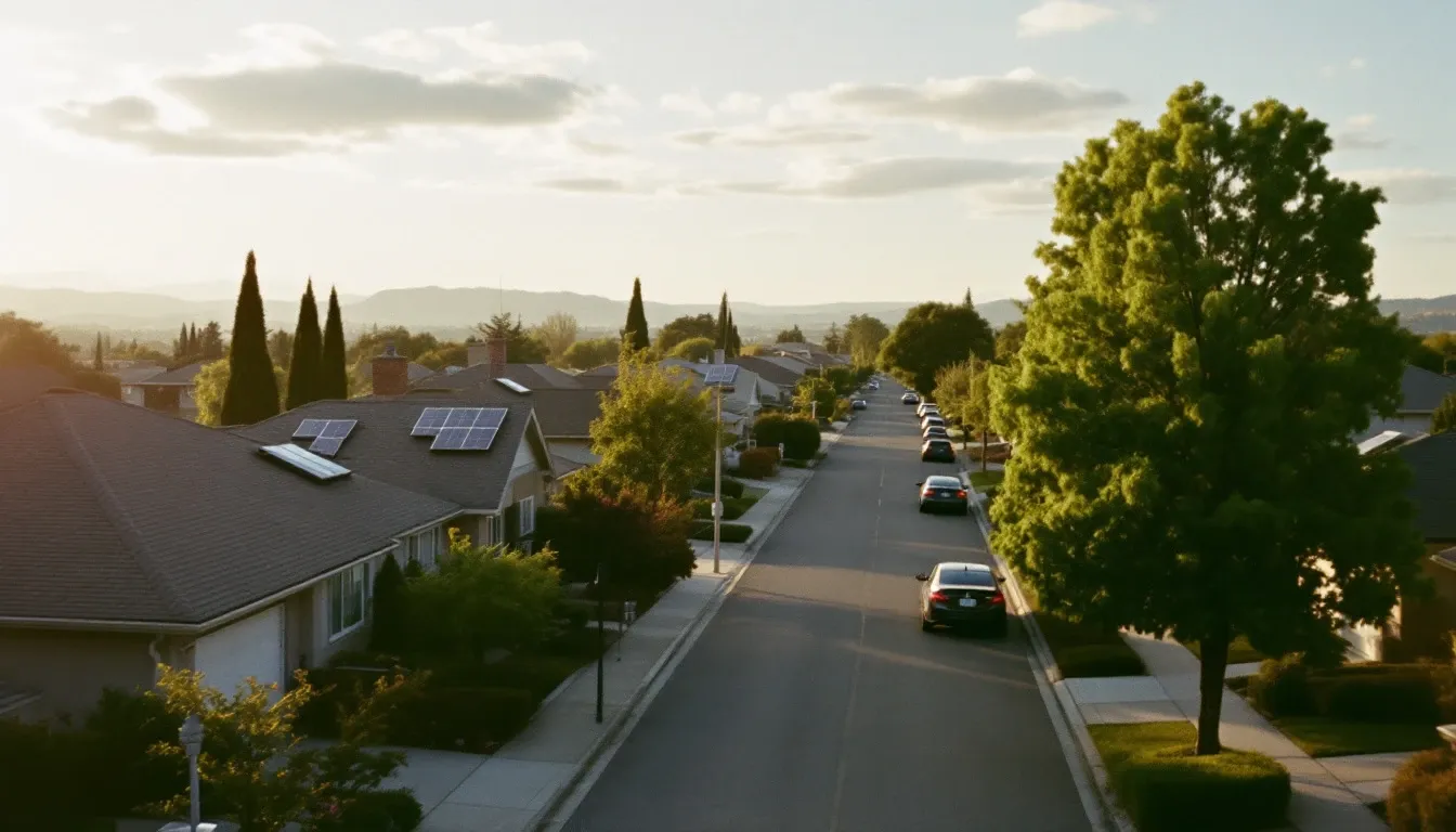 An American suburban street in late afternoon light, several houses carrying small rooftop solar arrays, low hills on the horizon.